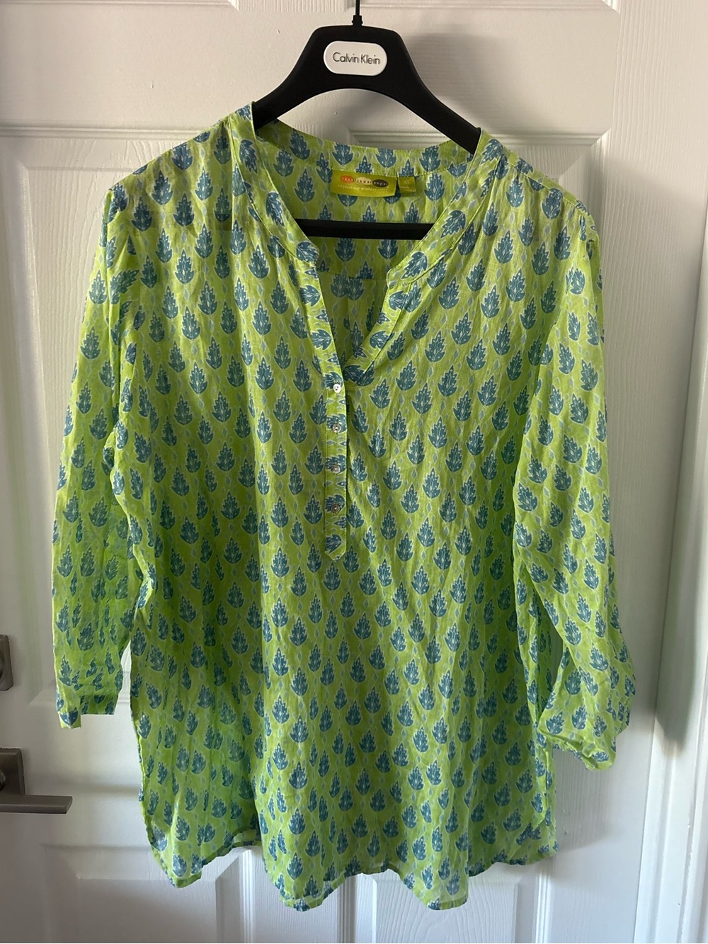 Rock Flower Paper Cotton Block Print Tunic Blouse - Lime Green/Blue Size XL